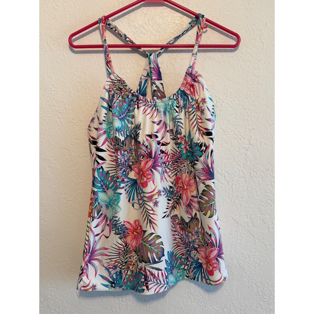 Next Swimwear Tropical Floral Blouson Tankini Top White Pink BE21143M Large